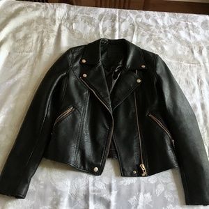 Faux, black, leather jacket with gold hardware